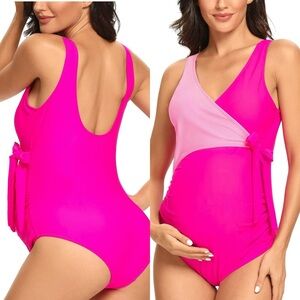 Maternity Swimsuit One Piece Elegant V Neck Pregnancy Swimwear Tie Front Bowknot